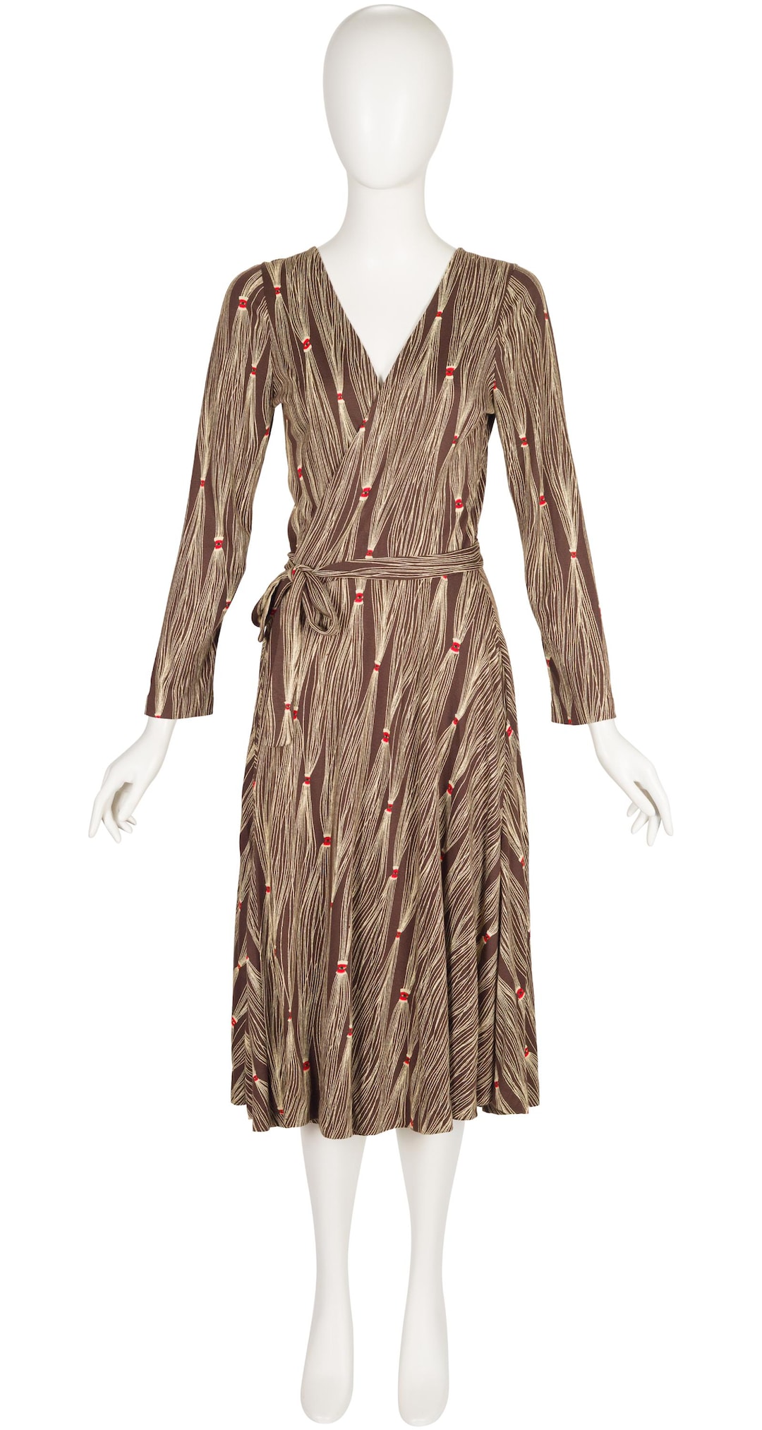diane von furstenberg wrap dress brown 1976 F/W Tassel Print Jersey Vintage Midi Sz S roaring 20s Amazon Outlet Early Black Color:Black Teal neck Long sleeves 100%