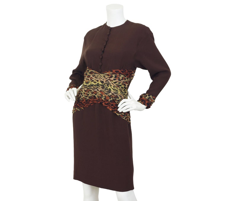 Jean-Louis Scherrer 1980s Vintage Leopard Print Dress Sz S / Designer Silk Chifon & Brown Crepe image 1