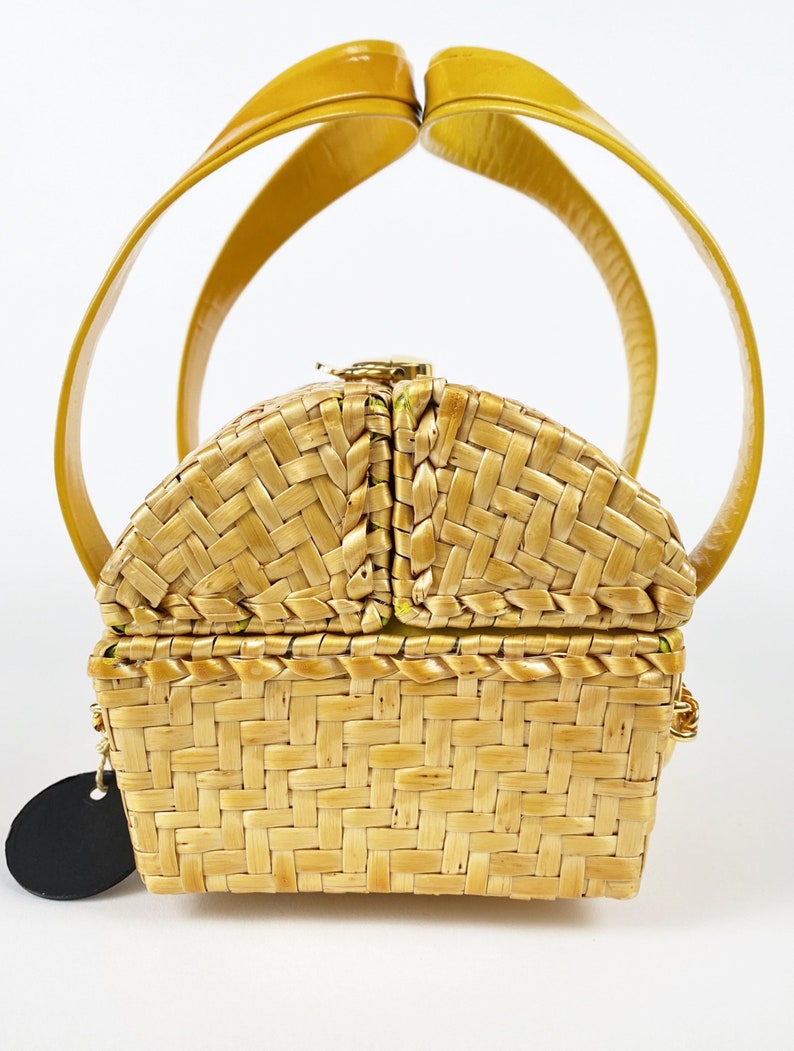 Rodo 1960s NWT Vintage Yellow Wicker Basket Top Handle Handbag