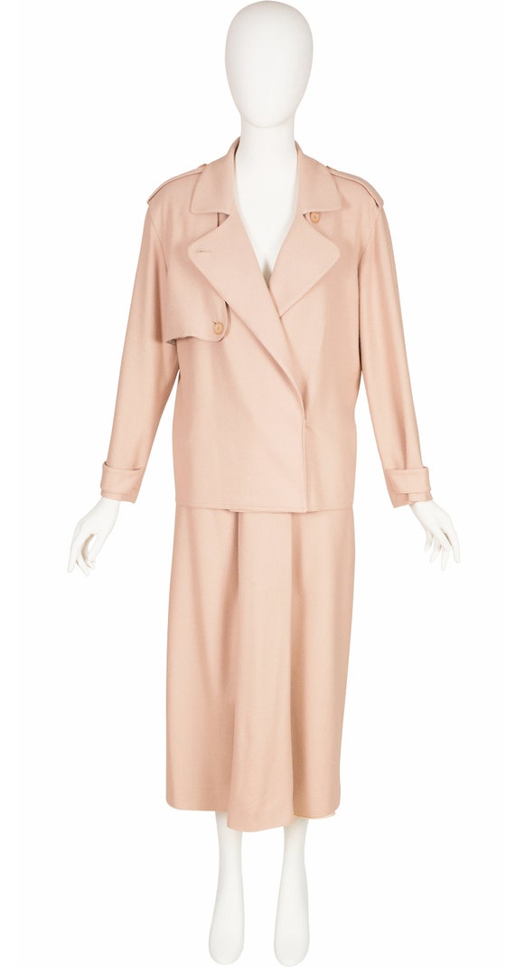 Anne Klein 1970s Vintage Beige Cashmere Jacket & Midi Skirt Set Sz XS