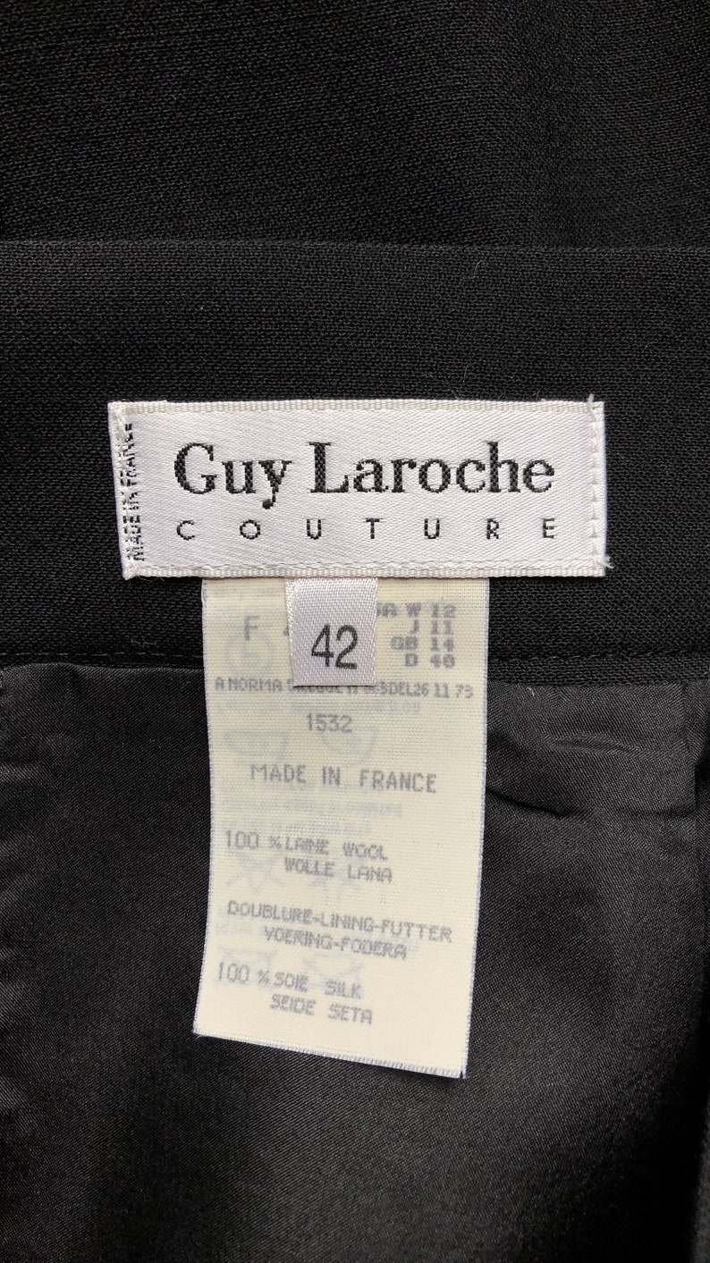 Guy Laroche Couture 1990s Vintage Black Satin Tuxedo Stripe Wool Pencil Skirt Sz M L image 6