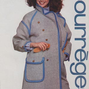 Courrèges 1983-84 F/W Graue Wolle Blaue Lederstreifen Vintage Jacke Gr XS S Bild 2