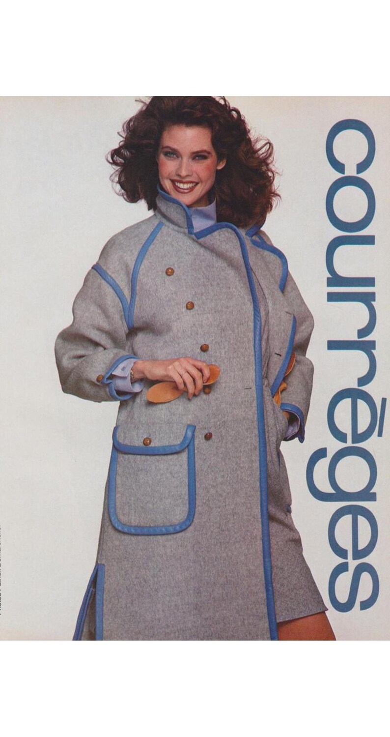 Courrèges 1983-84 F/W Graue Wolle Blaue Lederstreifen Vintage Jacke Gr XS S Bild 2