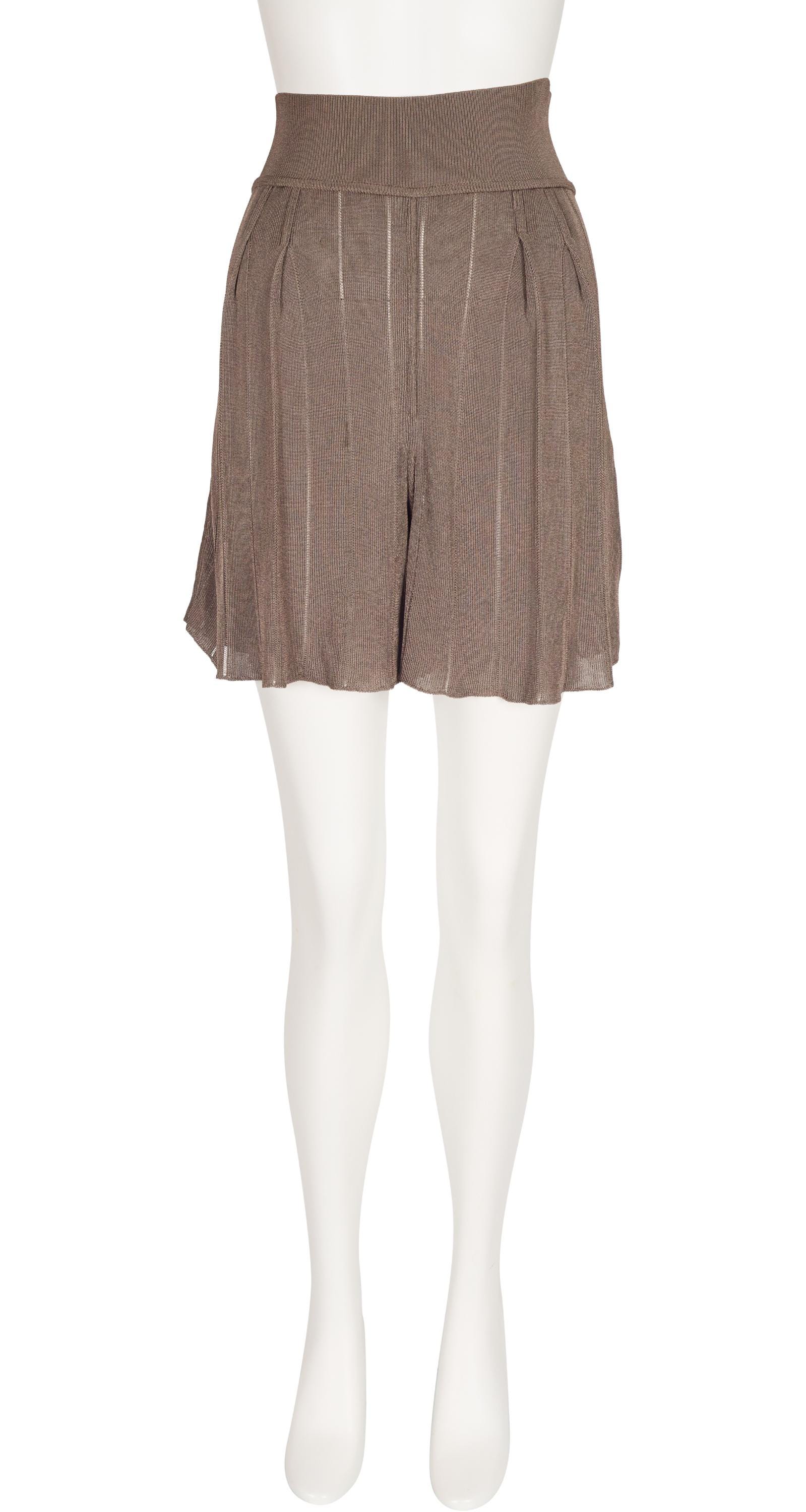 Azzedine Alaïa, Azzedine Alaïa 1990 S/S Taupe Rayon Knit Vintage High-Waisted Shorts Sz S