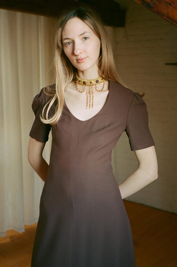 Shubette of London 1970s Gold Chain Choker Brown Crepe Maxi Dress