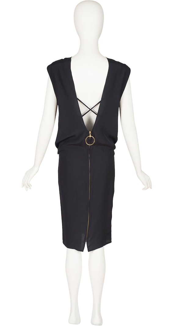 Gianfranco Ferr 1980s Vintage Black Silk V-Back Blouson Dress Sz Xs