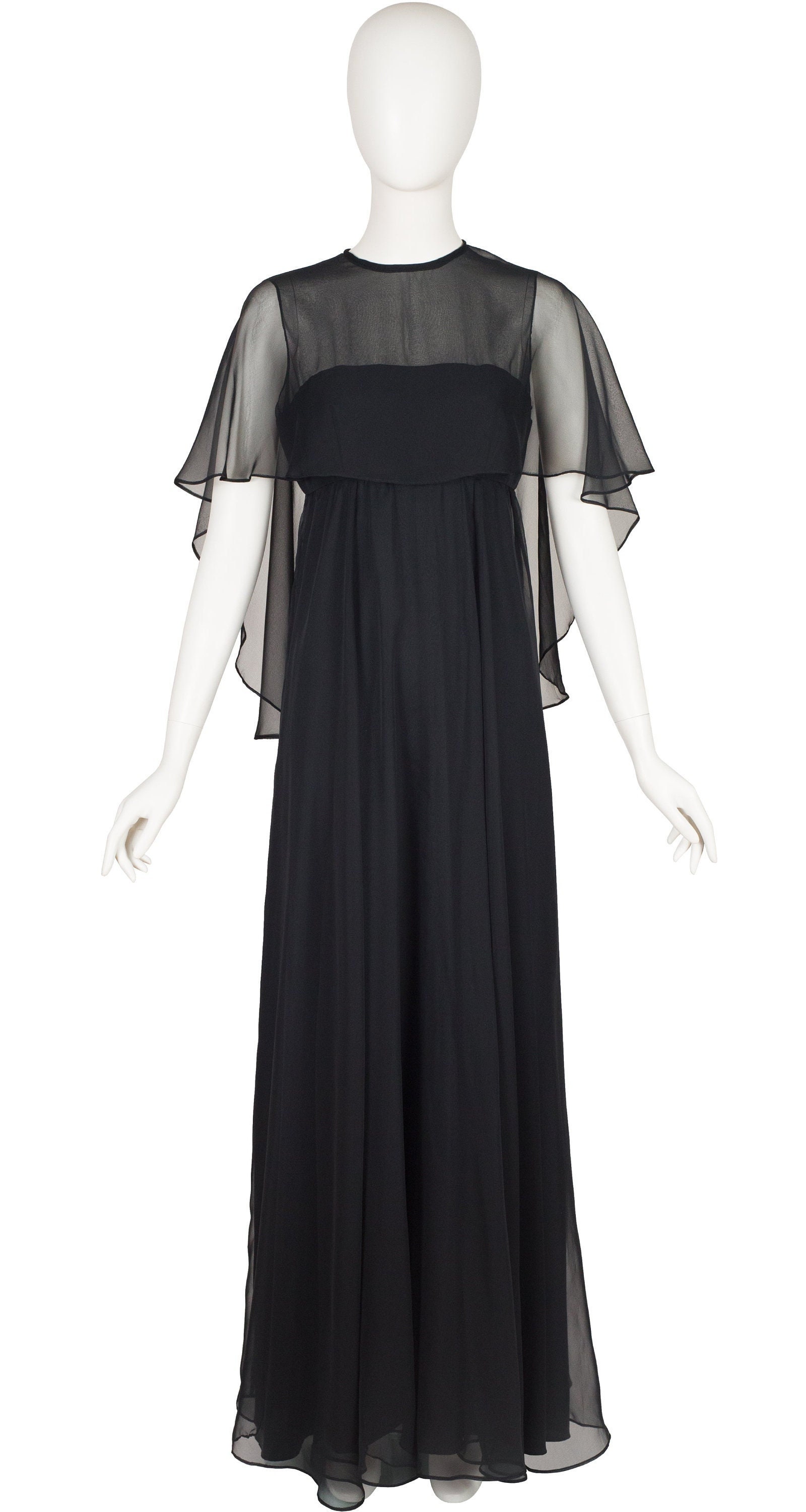 JEAN VARON, Made in England, vintage 1970s sequin and chiffon scarf evening dress