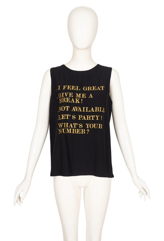 Moschino Couture 1990s Vintage Fun Slogan Black Crepe Sleeveless Top