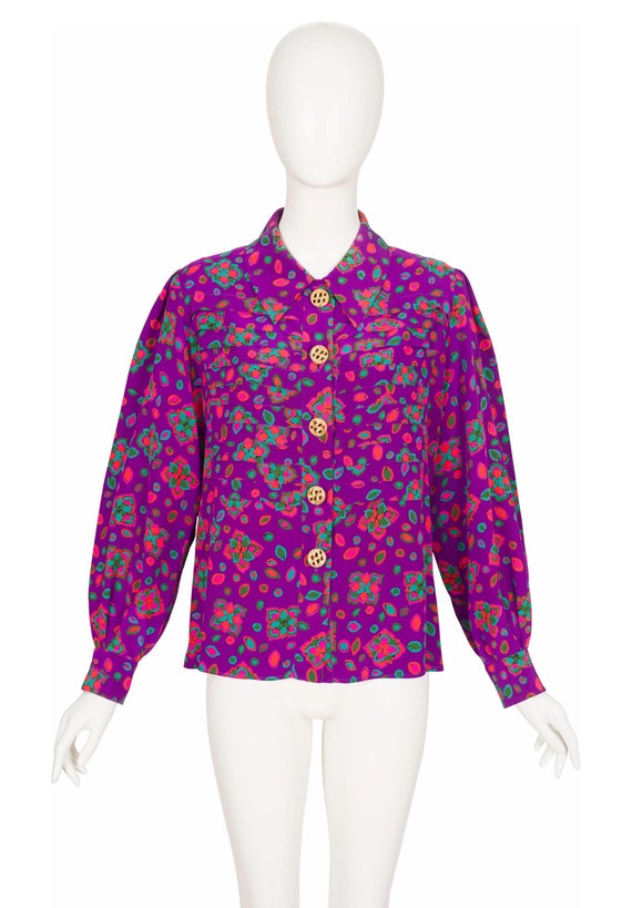 Yves Saint Laurent 1990s Vintage Floral Purple Silk Collared Long