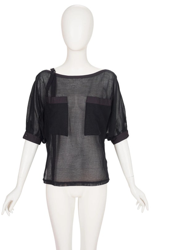 Claude Montana 1983 S/S Vintage Black Cotton Mesh Short Sleeve Top S