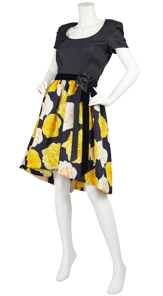 1980s Vintage Couture Rose Print Full Skirt Cockta