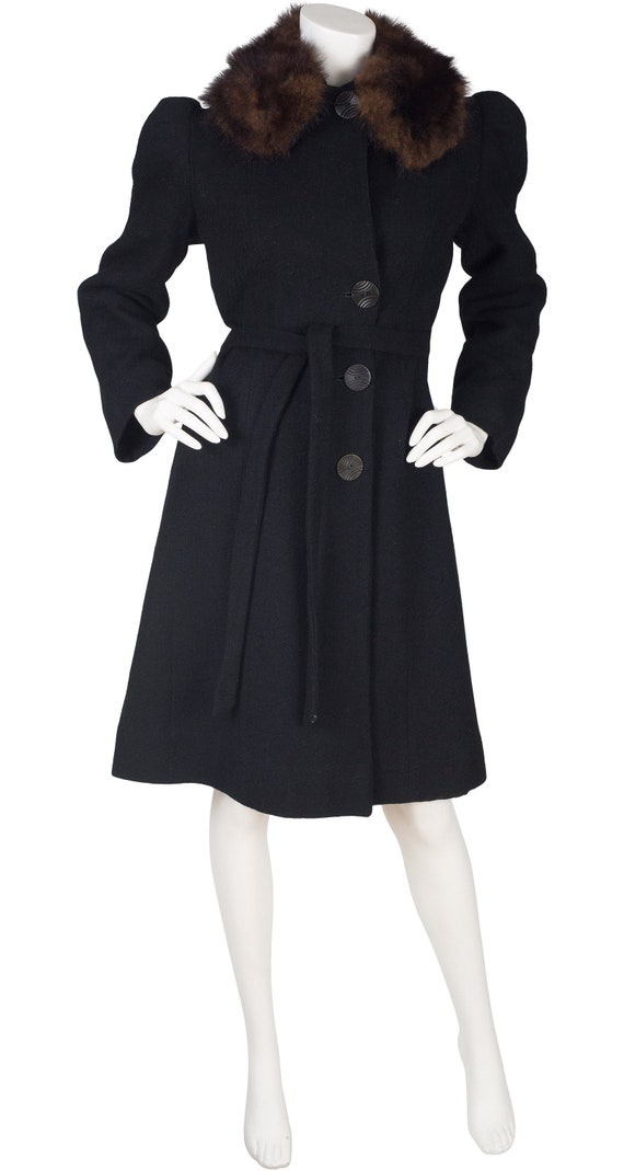 1930s Vintage Art Deco Black Wool Fur Collar Coat… - image 1