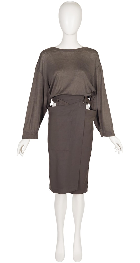 Azzedine Alaïa, Azzedine Alaïa 1984 S/S Taupe Vintage Cut-Out Wrap Skirt & Sweater Set Sz M