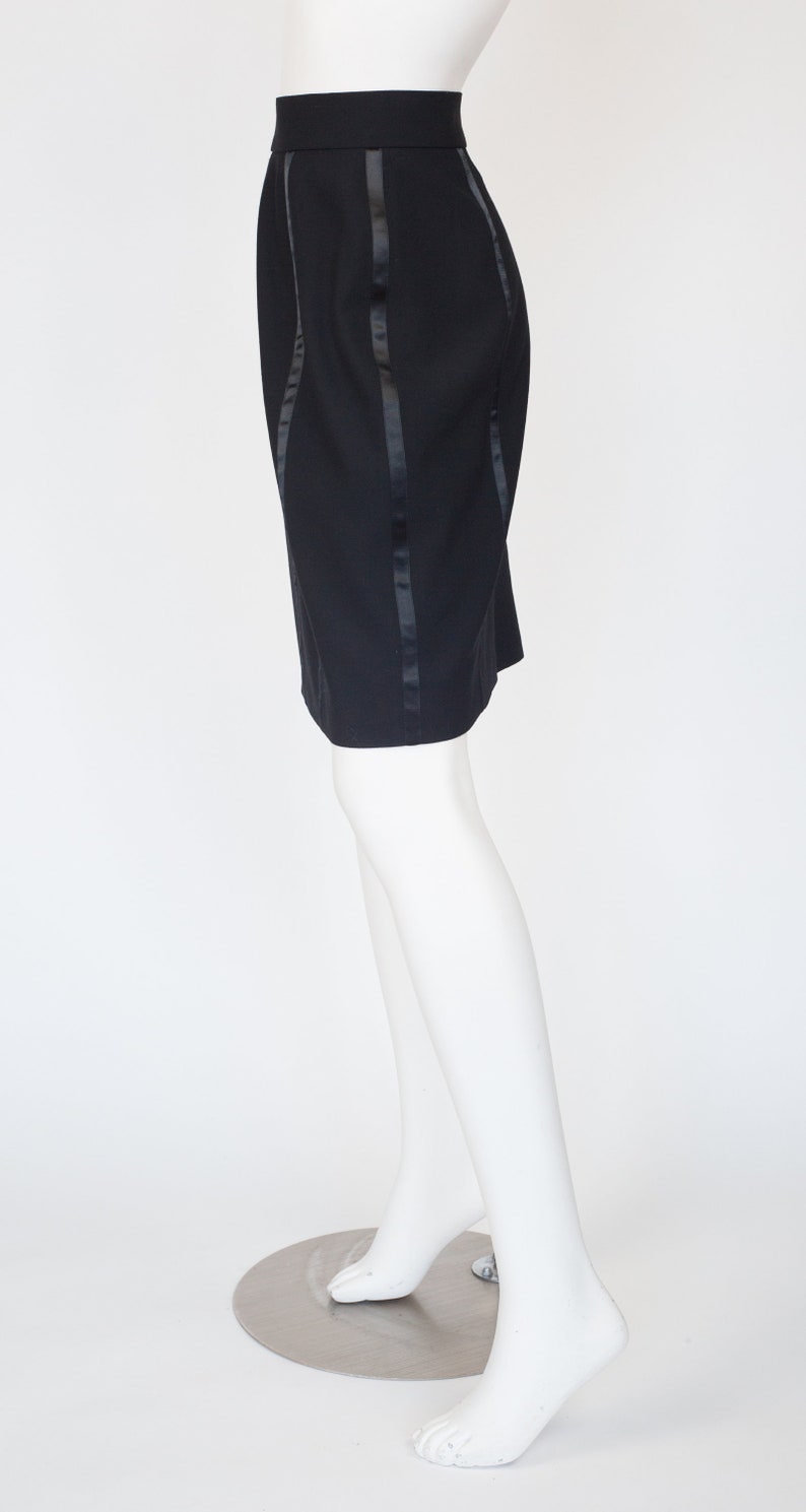 Guy Laroche Couture 1990s Vintage Black Satin Tuxedo Stripe Wool Pencil Skirt Sz M L image 4