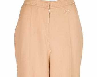 Courrèges 1970s Vintage Logo Tan Wool Gabardine Straight-Leg Trousers Sz S
