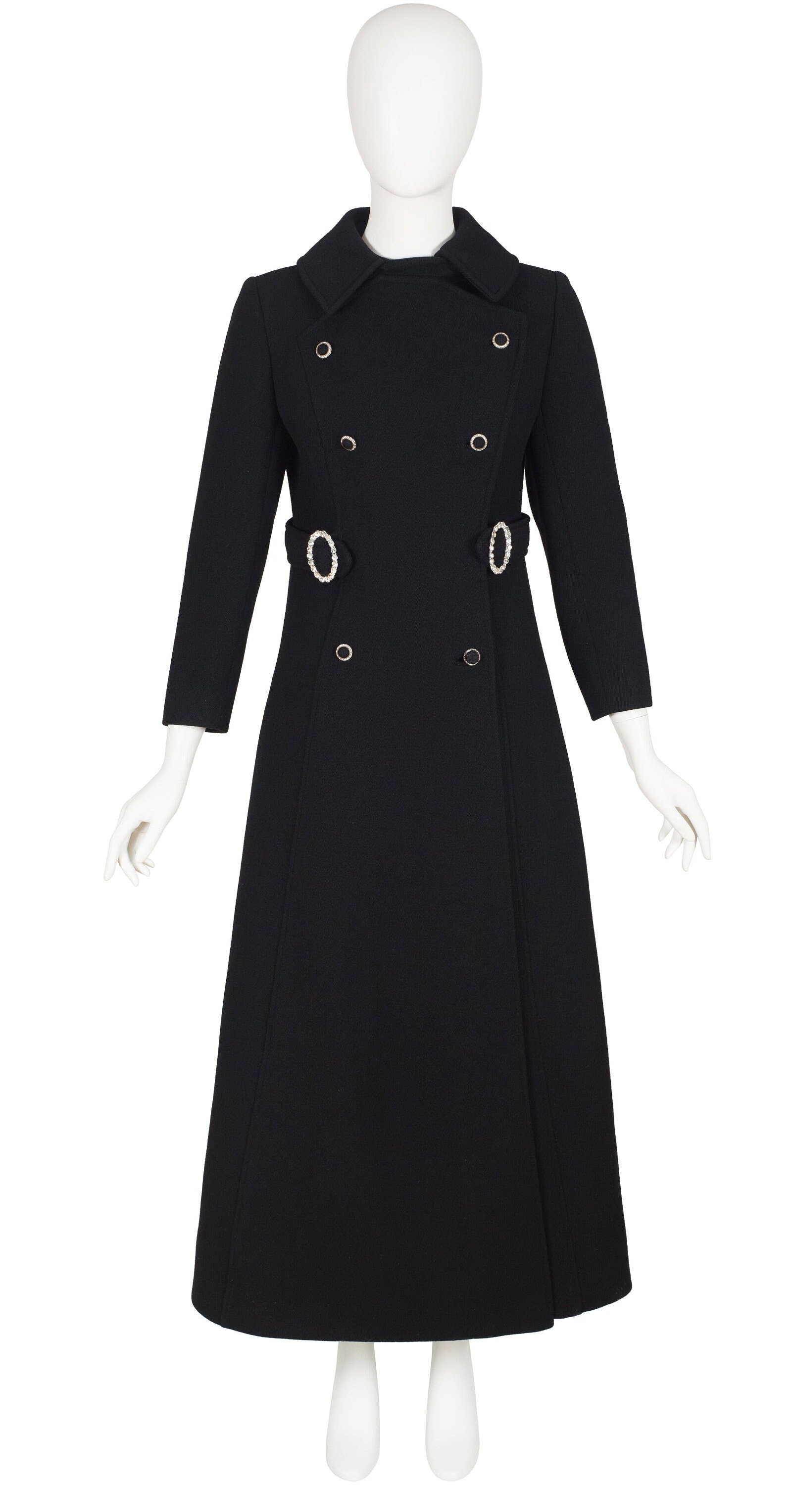 Julius, Julius for Progress 1960s Vintage Rhinestone Button Black Wool Double-Breasted Maxi Coat