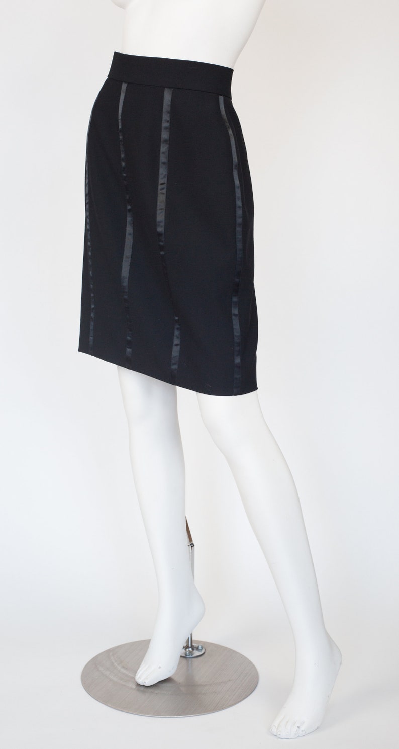 Guy Laroche Couture 1990s Vintage Black Satin Tuxedo Stripe Wool Pencil Skirt Sz M L image 3