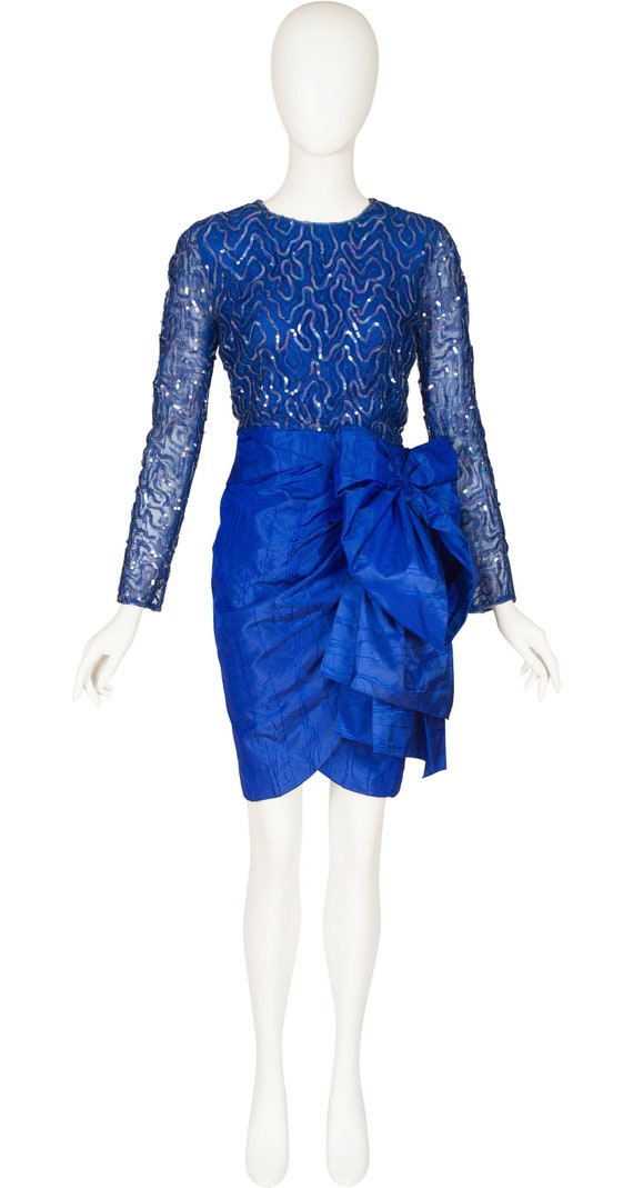 Torrente Haute Couture 1980s Vintage Blue Sequin & Silk Taffeta Bow Cocktail Dress Sz S