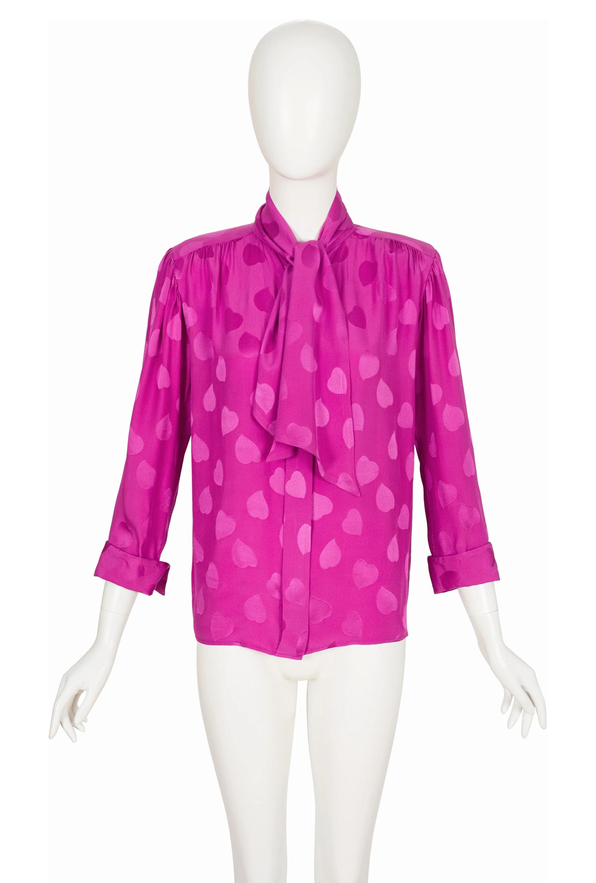 その他 Yves Saint Laurent Blouse Yves Saint Laurent 1980s Vintage Heart Print Fuchsia Silk Jacquard