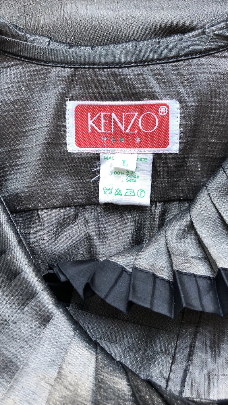 Kenzo 1983 Documented Vintage Silver Silk Taffeta Ruffle Collar Blouse image 6