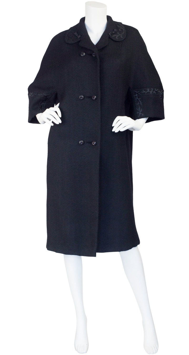 1950s Vintage Women's Styled by David Satin Trim Black Wool Coat image 1