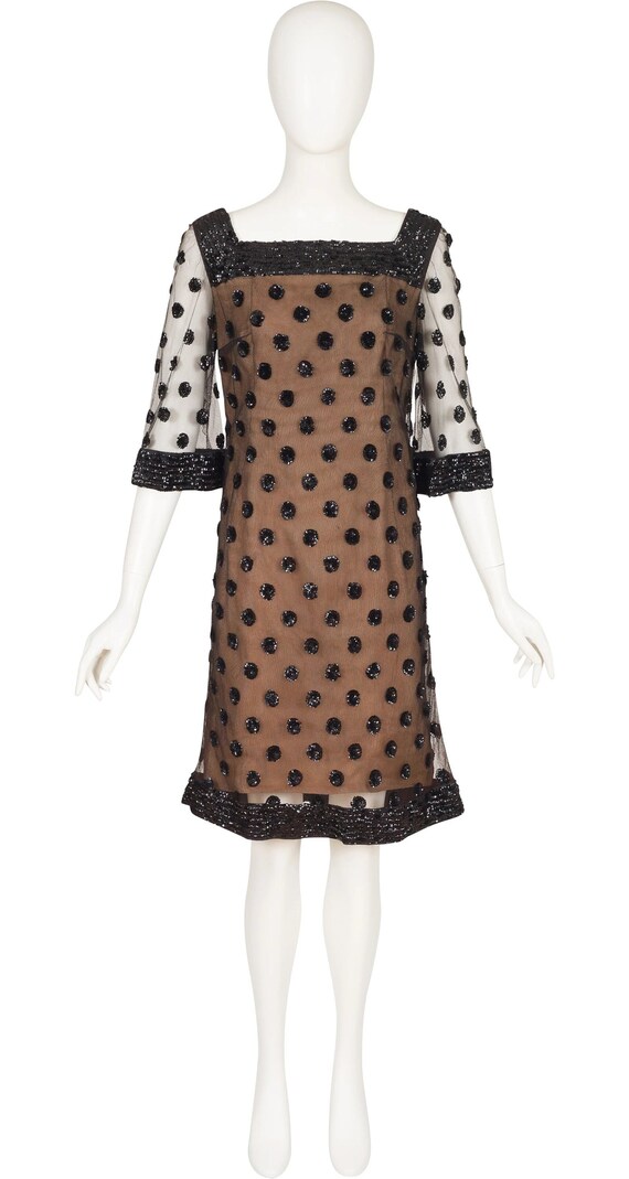 Lily Simon 1960s Vintage Polka Dot Sequin Black Net Party Shift Dress Sz M Lily Simon 1960s Vintage Polka Dot Sequin Black Net Party Shift Dress Sz M
