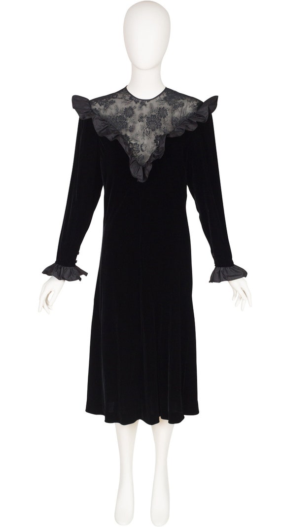 Hanae Mori 1980s Vintage Black Lace & Velvet Ruffl