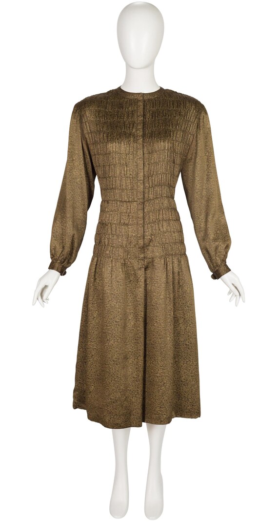 Giorgio Armani, Giorgio Armani 1978-79 F/W Gold Metallic Swirl Vintage Shirred Silk Midi Dress Sz L XL