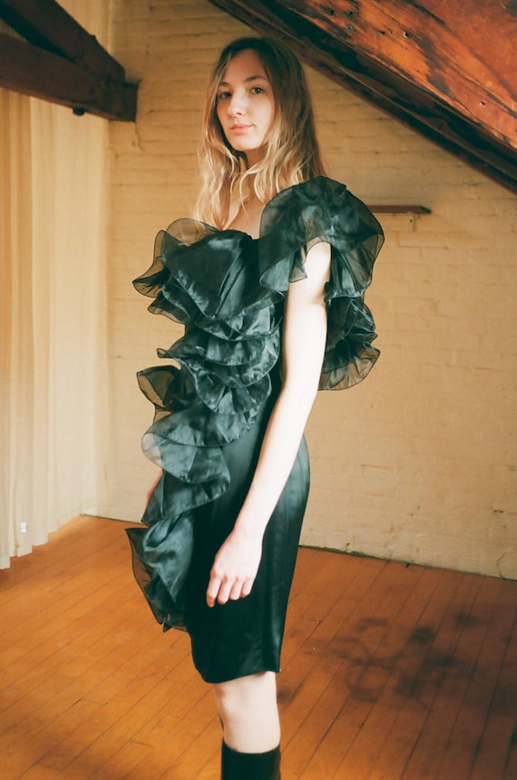 dramatic cocktail dress Angelo Tarlazzi 1980s Dramatic Organdy Ruffle Black Satin Cocktail Dress Sz  XS S