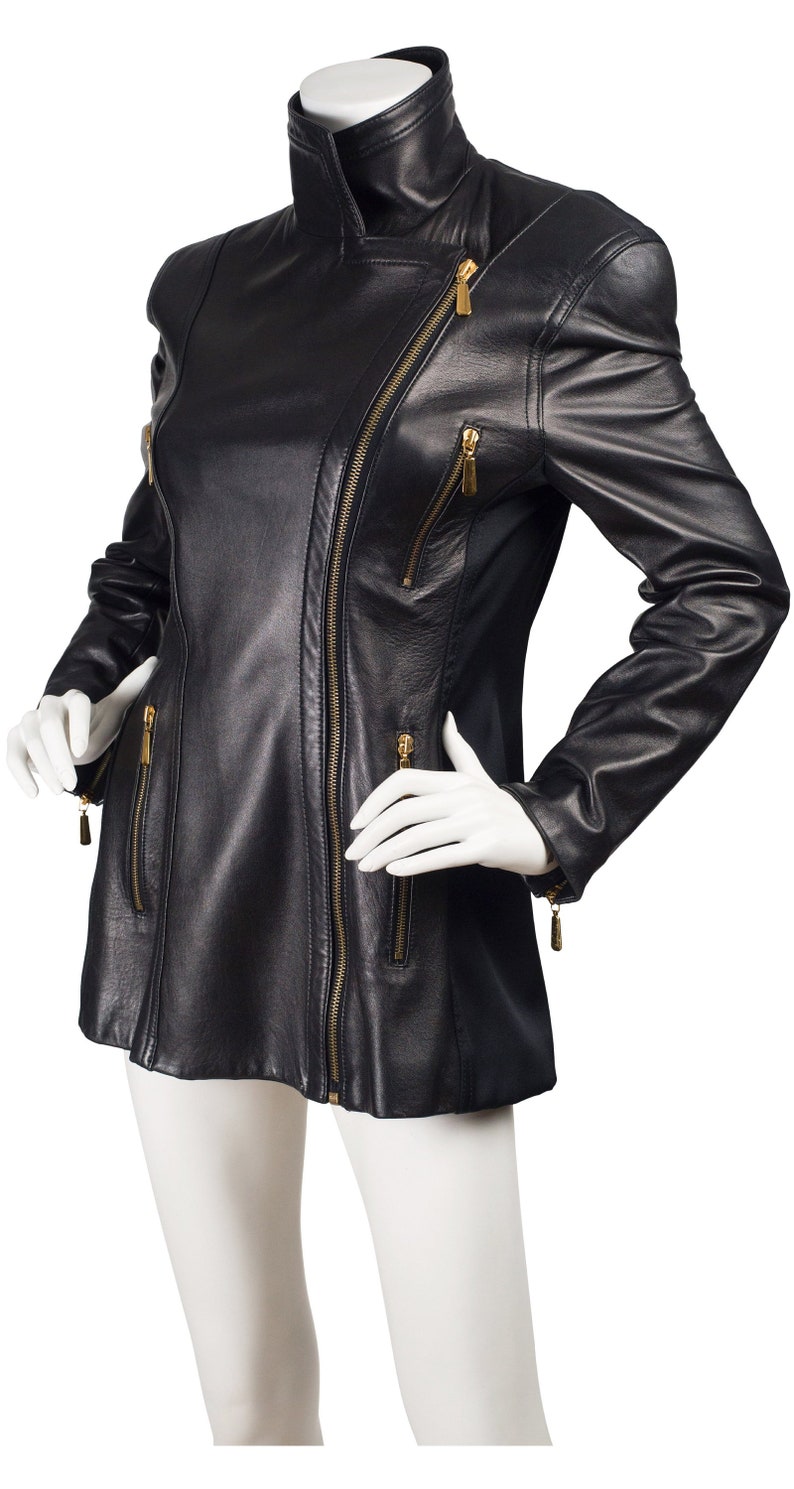 Escada 1990s Vintage Black Leather Motorcycle Jacket Sz S image 2