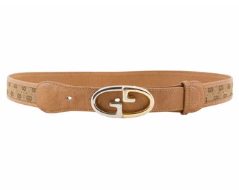 Gucci 1970s Vintage GG Schnalle Beige Monogramm Leder Taille Gürtel Gr XS S
