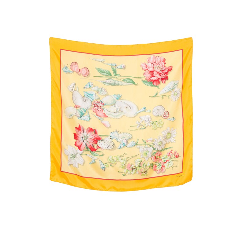 Valentino 1990s Vintage Seashell Floral Print Yellow Silk Signed Scarf image 1