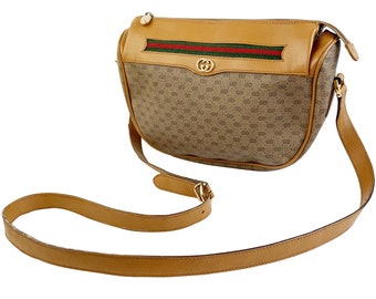 Gucci 1980s Vintage GG Monogram Tan Leather Crossbody Bag