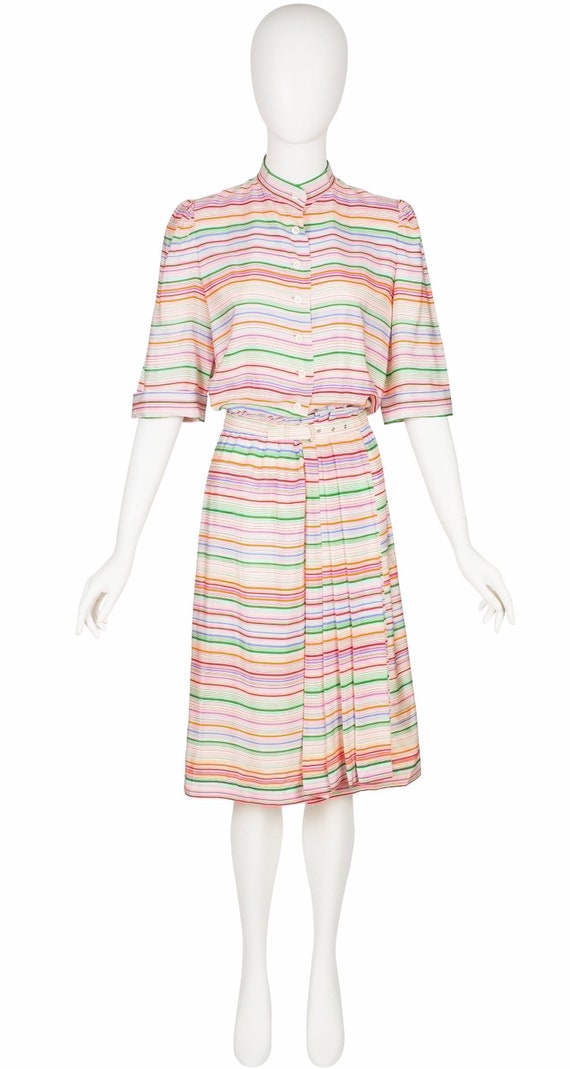 Lanvin, Lanvin 1970s Vintage Rainbow Striped Silk Pleated Shirt Dress Sz M L