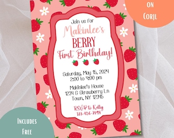 Invito per il primo compleanno di Berry Invito per il compleanno di Strawberry Invito per la festa del primo compleanno di una ragazza Modello di invito stampabile MODIFICA TE STESSO