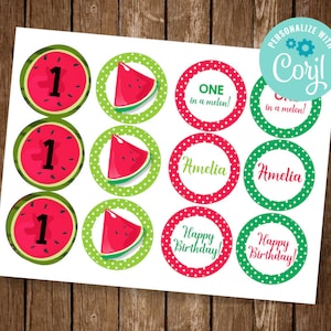 Watermelon Cupcake Toppers, Melon Cupcake Toppers, Watermelon Birthday, One in a Melon, Watermelon Party Decor
