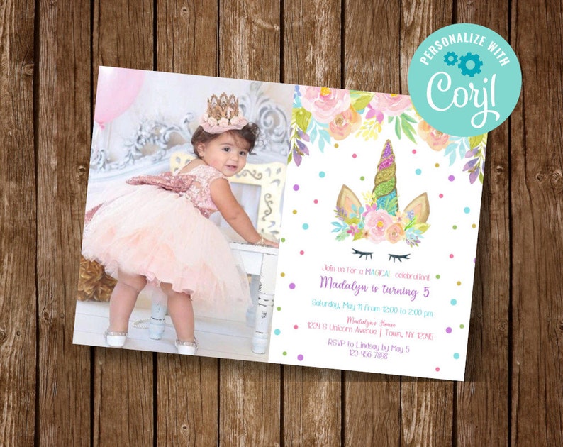 May include: A birthday invitation featuring a unicorn illustration and a photograph of a young girl in a pink dress and a crown. The invitation reads "Join us for a magical celebration Madalyn is turning 5" and includes the date, time, and location of the party.