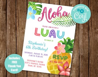 Luau Invitation, Luau Birthday Invite, Luau Party Invite, Hawaiian Birthday, Summer Birthday Invite, Pool Party