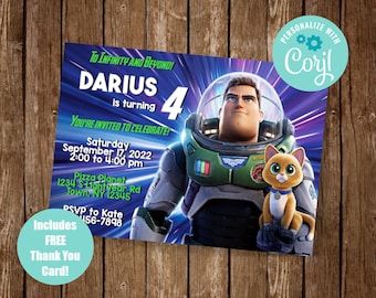 May include: A blue and purple birthday invitation with a picture of Buzz Lightyear from the Toy Story movie franchise. The invitation says "To Infinity and Beyond! Darius is turning 4. You're invited to celebrate!" and includes details about the party, including the date, time, and location. The invitation also includes a free thank you card.