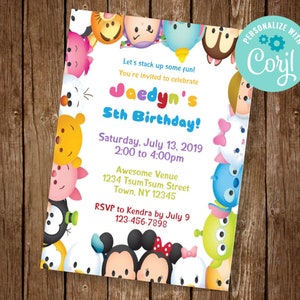 Tsum Tsum uitnodiging, Tsum Tsum verjaardag uit te nodigen, Disney Tsum Tsum partij uit te nodigen, Disney cartoon uit te nodigen