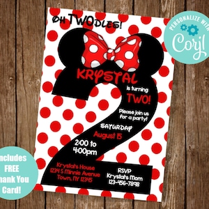 Red Oh TWOdles Birthday Invitation Digital 2nd Birthday Cute Mouse Second Birthday Invite Oh Twodles Invitation Minnie Invite Editable