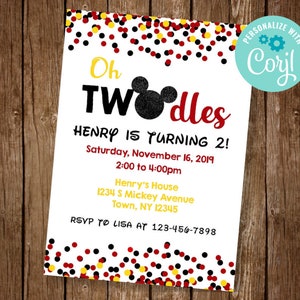 Oh Twodles Invitation, Oh Twodles Mickey Invite, Mickey Mouse Invitation, Mickey Second Birthday, EDIT YOURSELF INVITE