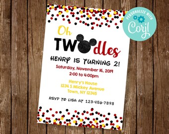 Invitación de Oh Twodles, invitación de Oh Twodles Mickey, invitación de Mickey Mouse, segundo cumpleaños de Mickey, EDITAR USTED MISMO INVITACIÓN