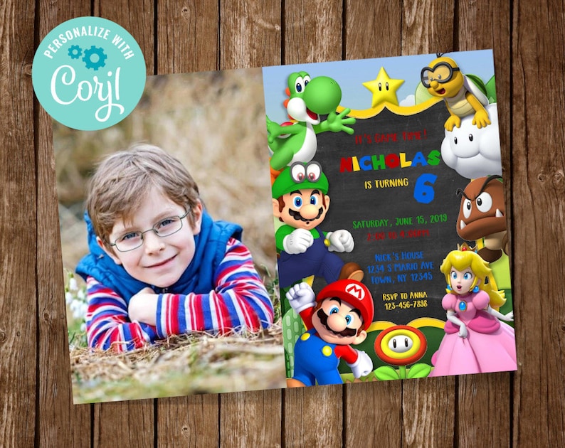 May include: A birthday invitation featuring characters from the Super Mario video game series. The invitation is for a boy named Nicholas who is turning six. The invitation includes a photo of the birthday boy and the text "It's game time! Nicholas is turning 6. Saturday, June 15, 2013. Nick's House 1234 Spiano Ave Town, NY 12345. RSVP to Anna 123-456-7838."