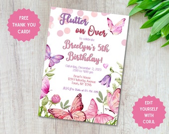 Butterfly Birthday Invitation Butterfly Invitation Whimsical Floral Butterfly Party Pink Butterfly Garden EDIT YOURSELF INVITE