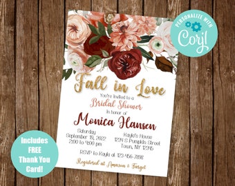 May include: Fall in Love bridal shower invitation with a floral design featuring burgundy, peach, and white flowers. The invitation includes the bride's name, Monica Hansen, the date and time of the shower, and the location. RSVP information and registry details are also included.