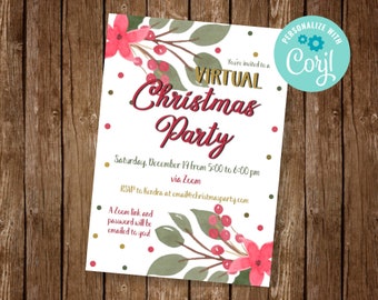 Könnte beinhalten: Eine weiße Einladung mit einem roten und grünen Aquarell-Blumendesign. Der Text lautet "You're invited to a VIRTUAL Christmas Party" mit Datum und Uhrzeit "Saturday, December 19 from 5:00 to 6:00 pm via Zoom". Die Einladung enthält auch die RSVP-Informationen "RSVP to Kendra at email@christmasparty.com".