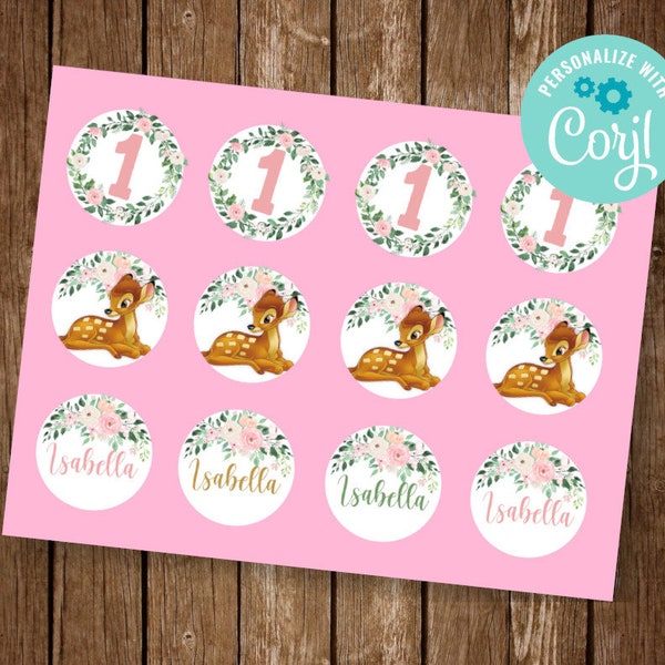 Bambi Cupcake Toppers, Bambi Decor, Floral Cupcake Topper, Deer Cupcake Topper, Bambi Party Decor, EDIT YOURSELF