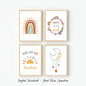 Set of 4 Boho Prints, Boho Nursery Prints, Boho Wall Art Kids, Nursery Wall Art Prints, You Are My Sunshine, Happy Little Soul