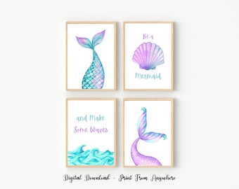 Conjunto de 4 impresiones de sirena, impresiones de vivero de sirena, niños de arte de pared de sirena, impresiones de arte de pared de habitación de niñas, impresión de olas